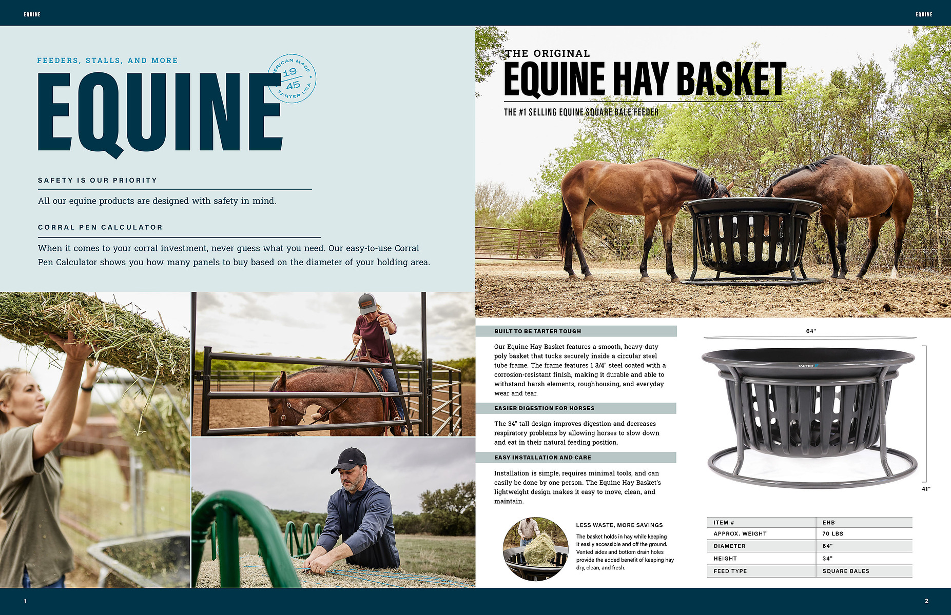 A two-page equine equipment catalog spread combines horse photographs, a hay basket, and product specifications.