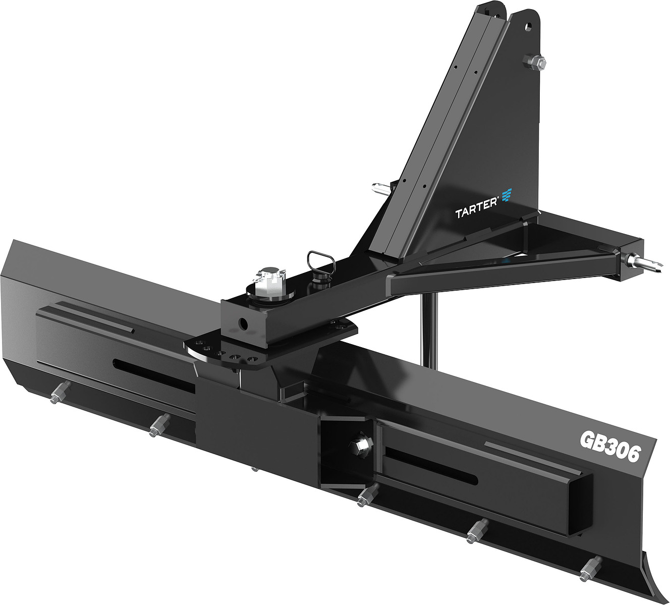 A three-quarter product rendering of a black box blade with a tall mounting bracket and scarifier teeth.