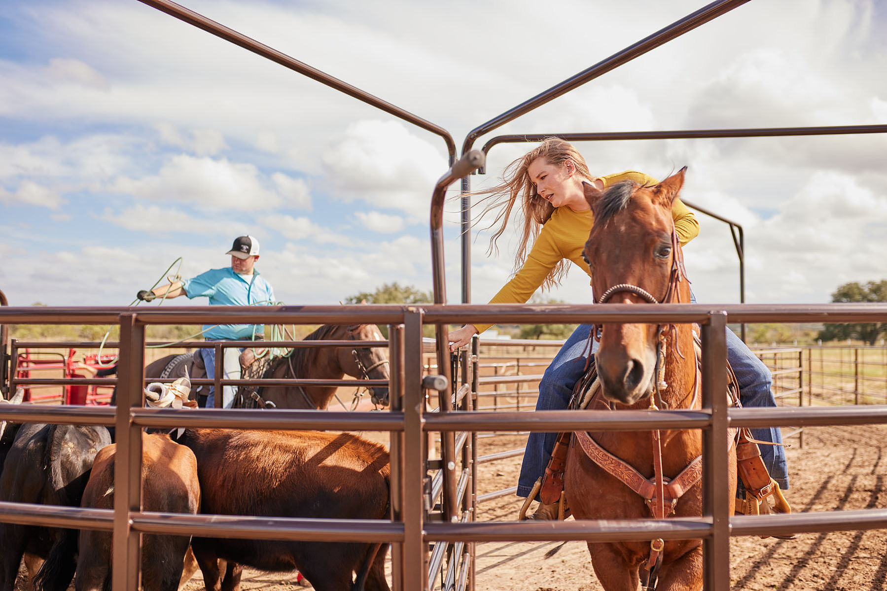 A rider in a yellow shirt leans over a horse inside a metal corral.