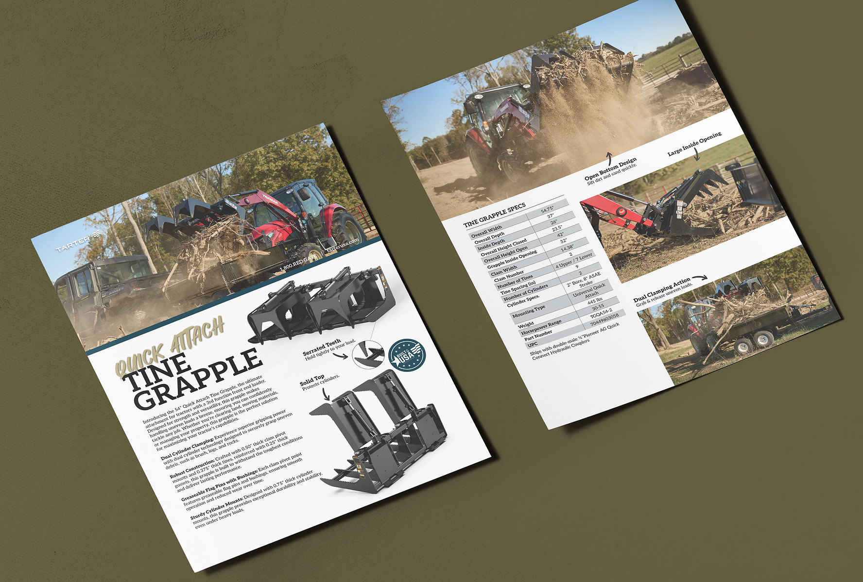 Two printed grapple product sheets combine equipment photographs, technical information, and field imagery.