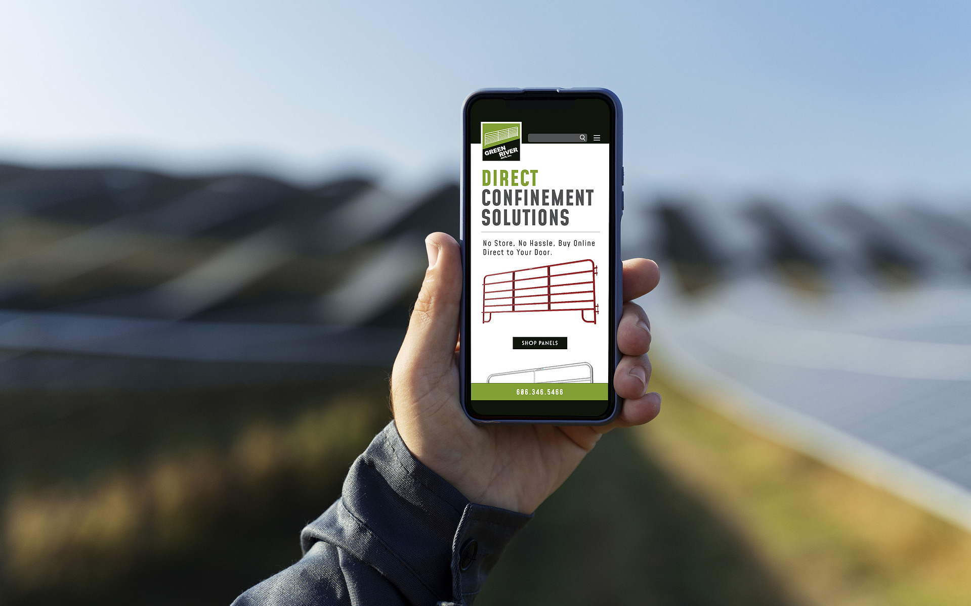 A smartphone displays a livestock-equipment campaign page with the headline Direct Confinement Solutions.