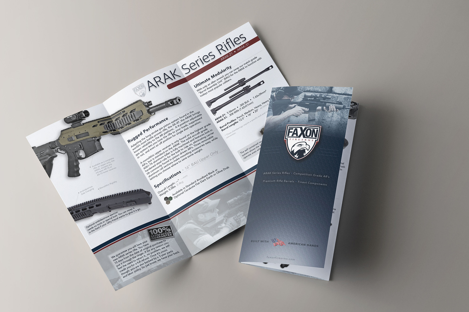 Printed Faxon Firearms product literature presents ARAK series rifles with specifications and brand graphics.