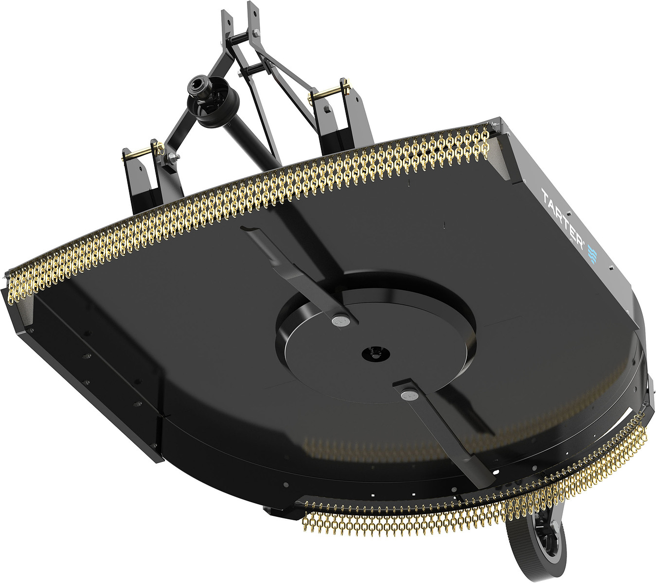 An underside product rendering of a rotary cutter showing the circular blade carrier and chain skirt.