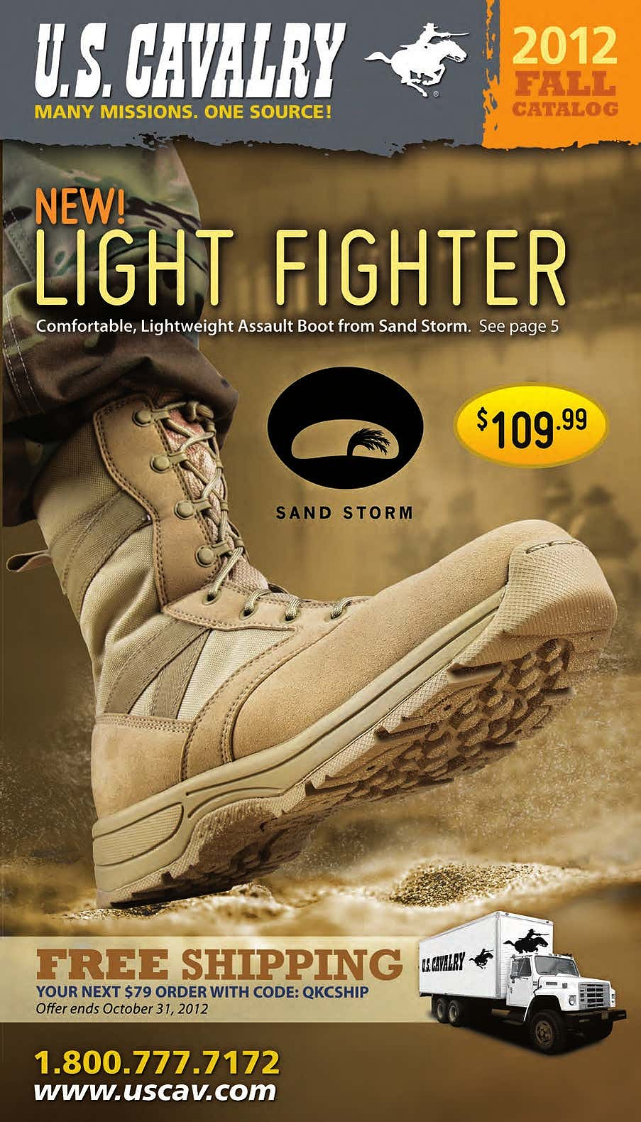 A U.S. Cavalry fall catalog cover highlights tan tactical footwear, a cap, and promotional offers.