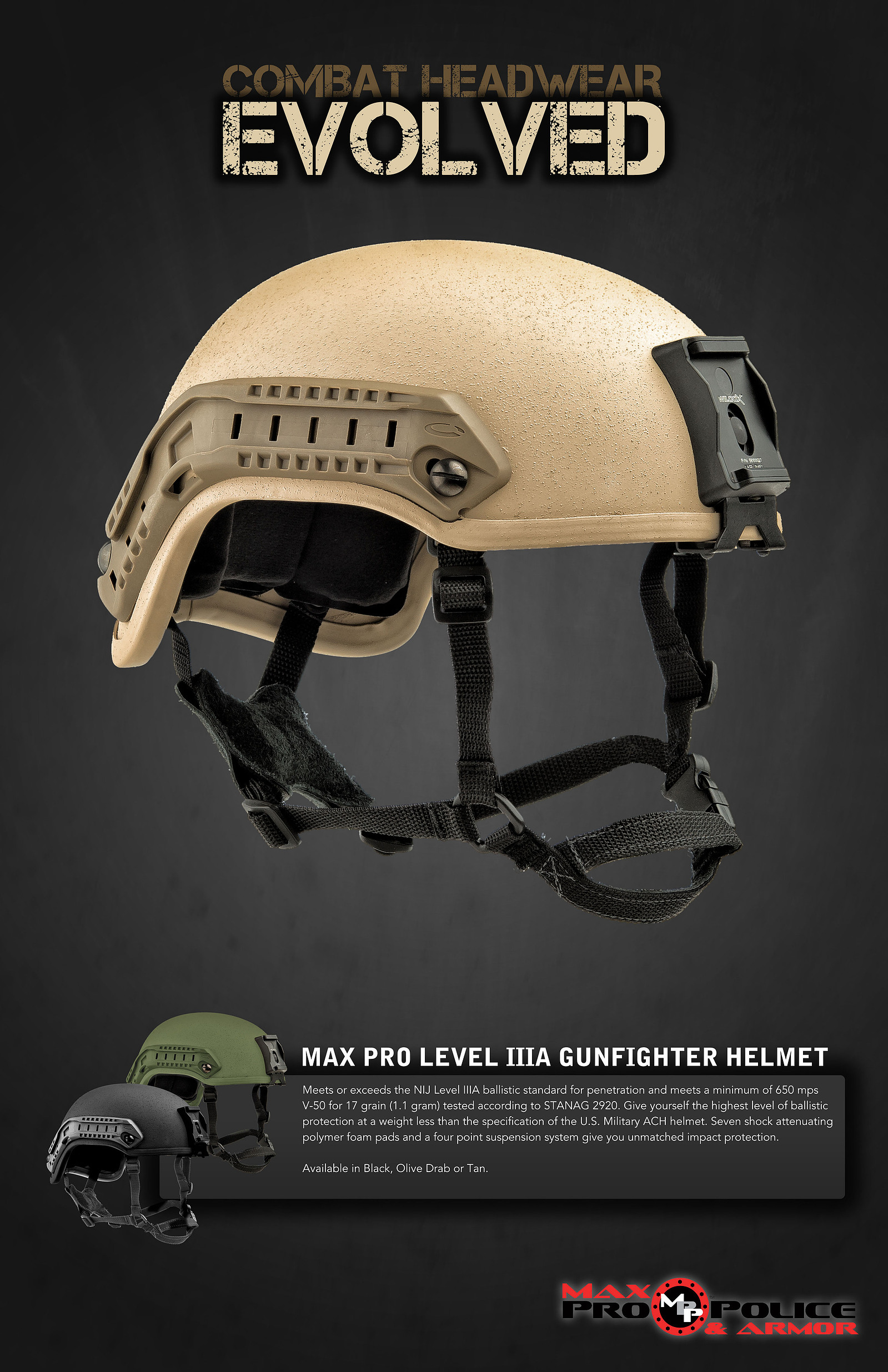 A tall black advertisement presents a tan tactical helmet with the headline Combat Headwear Evolved.