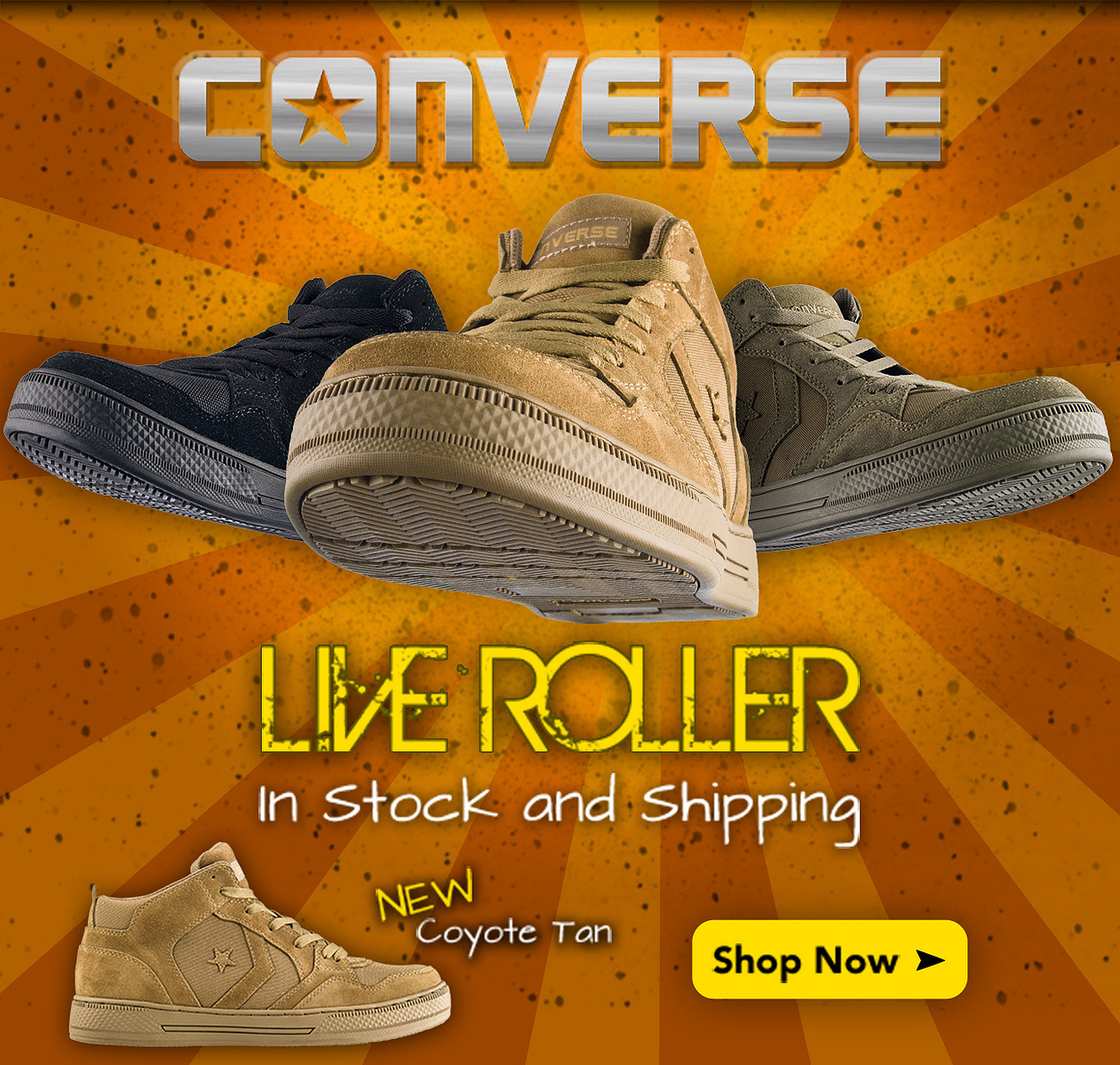 An orange Converse advertisement shows three shoes above Live Roller campaign lettering and a Shop Now button.