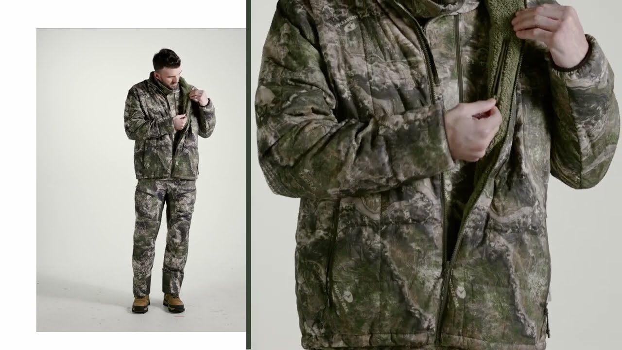 Split-screen film preview showing a full camouflage outfit and a close-up of the jacket.