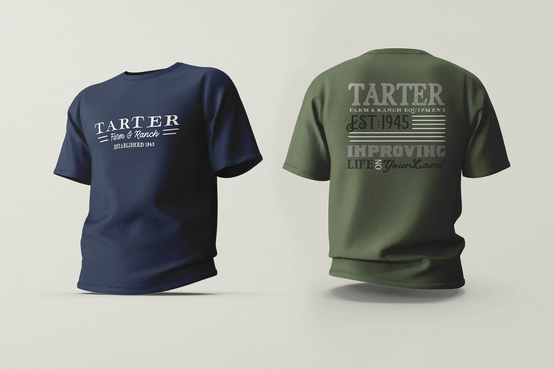 Front and back views of navy and green T-shirts with Tarter wordmarks and typographic graphics.