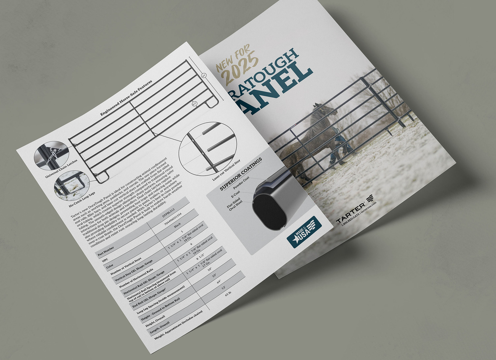 A ranch panel product sheet on a gray surface combines a fence drawing, specifications, and a field photograph.