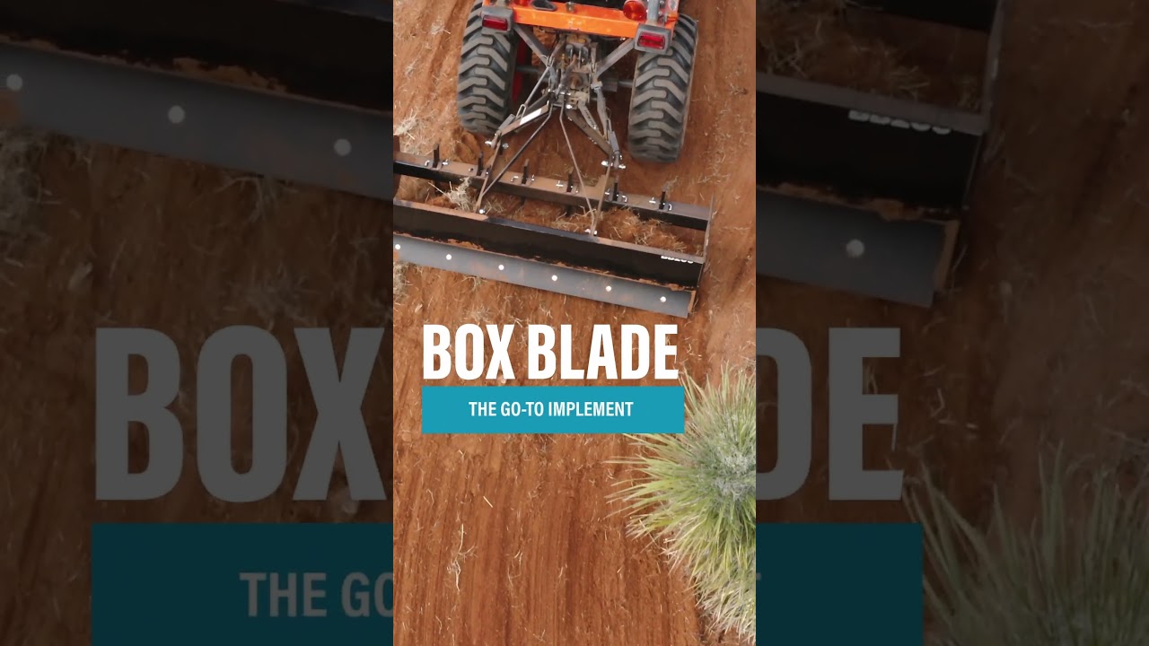 Film preview with Box Blade lettering over a vertical agricultural equipment demonstration.