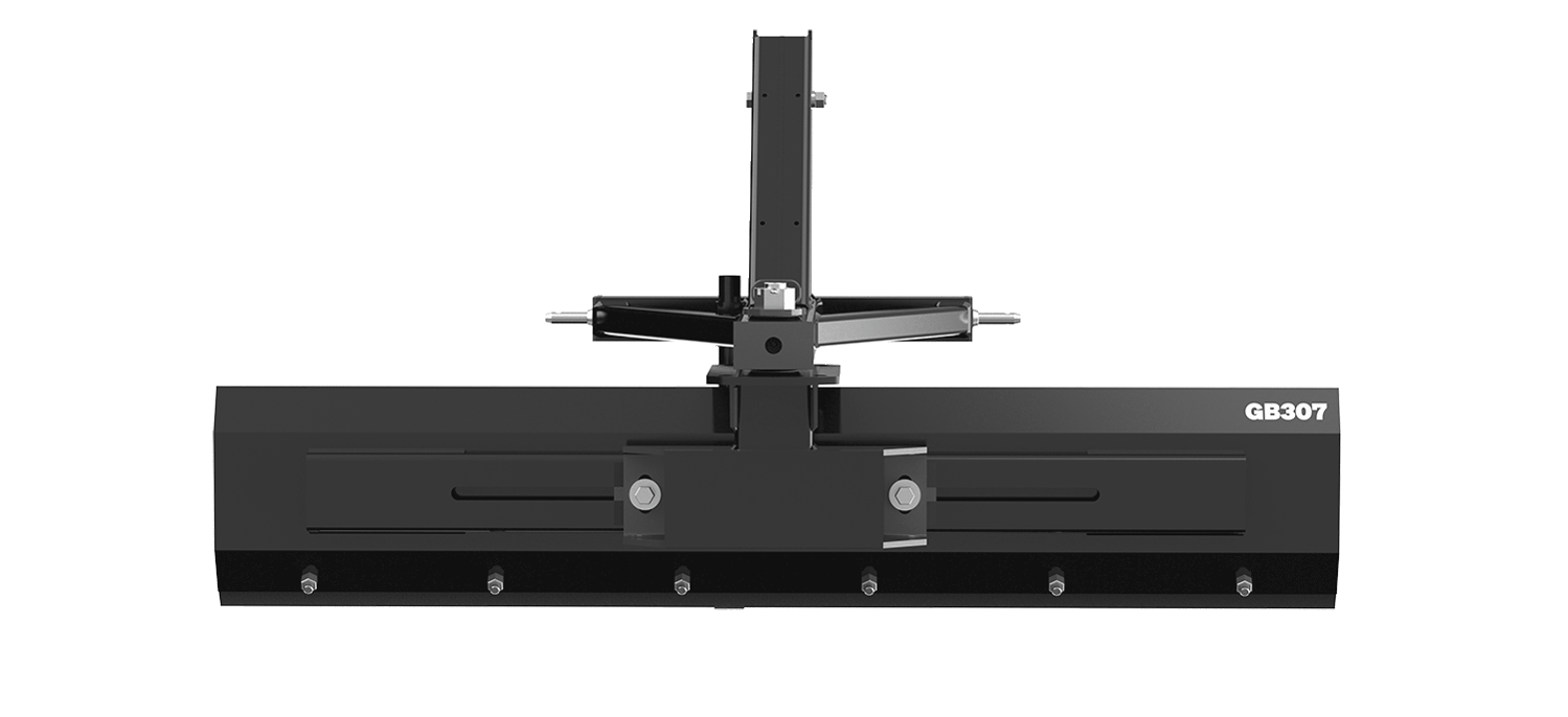 A product rendering of a black box blade with a tall tractor mounting bracket.