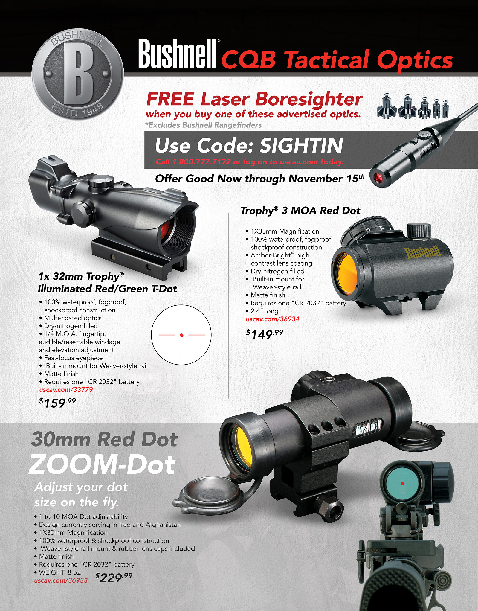 A Bushnell tactical optics advertisement combines red-dot sights, technical callouts, and promotional pricing.