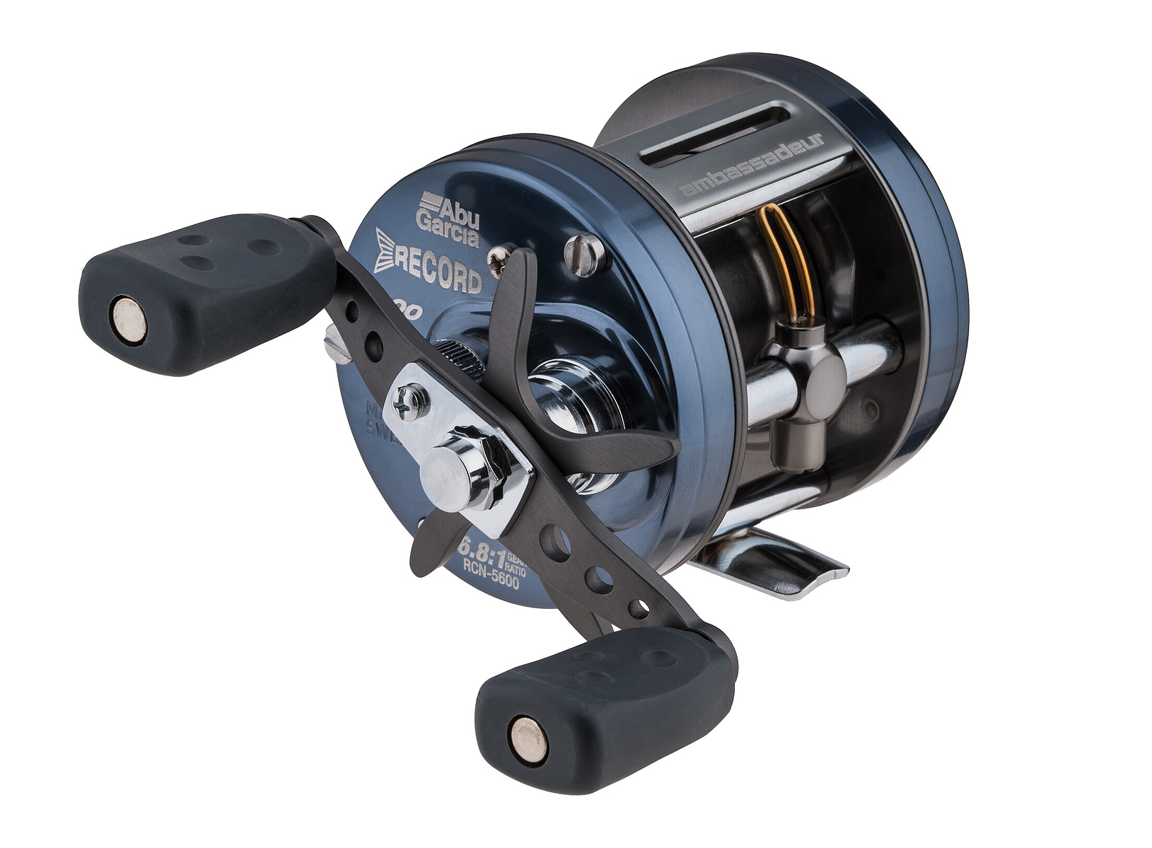 A black Abu Garcia baitcasting reel isolated on a white studio background.