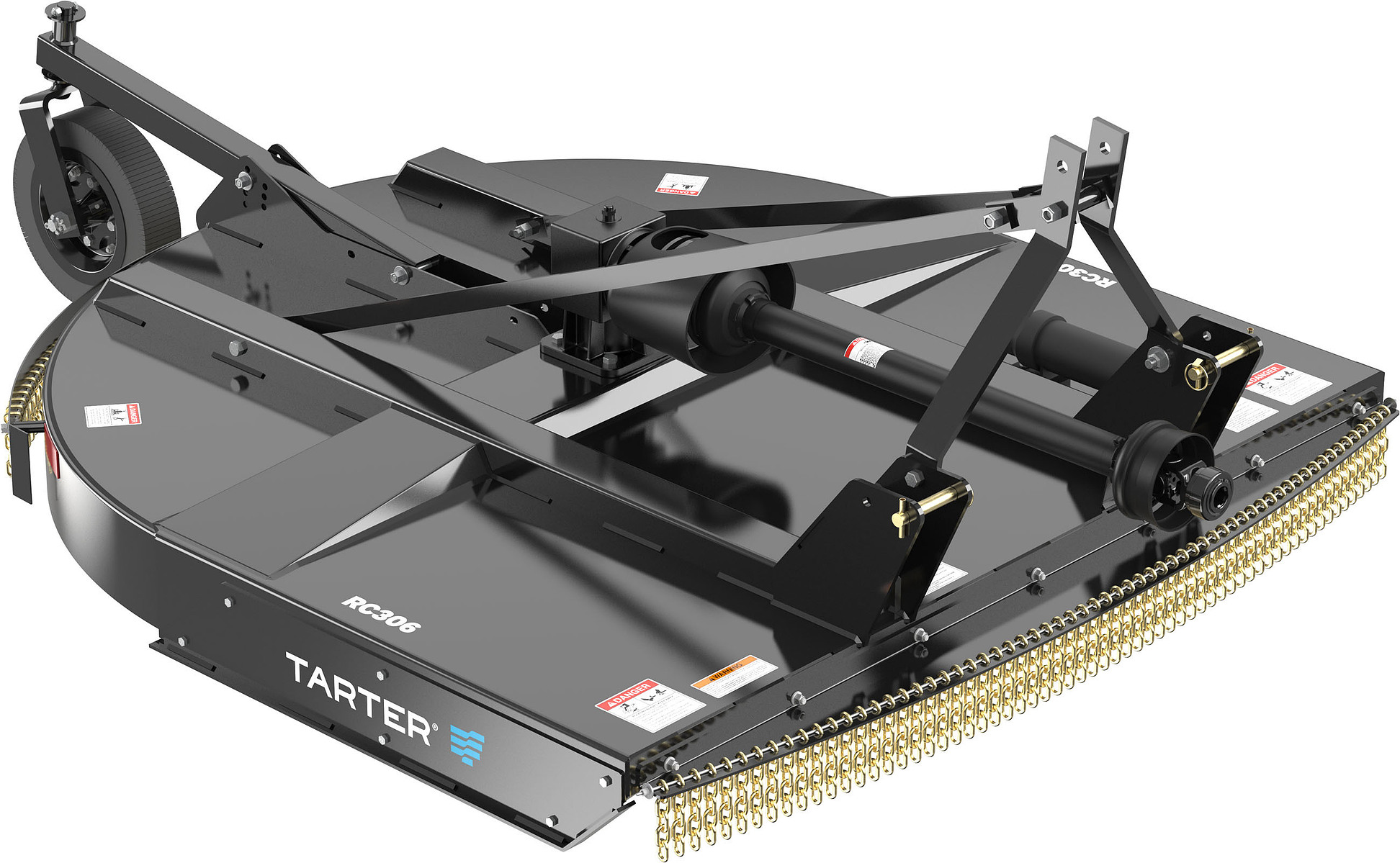 An elevated product rendering of a black rotary cutter with a protective chain skirt and rear wheels.