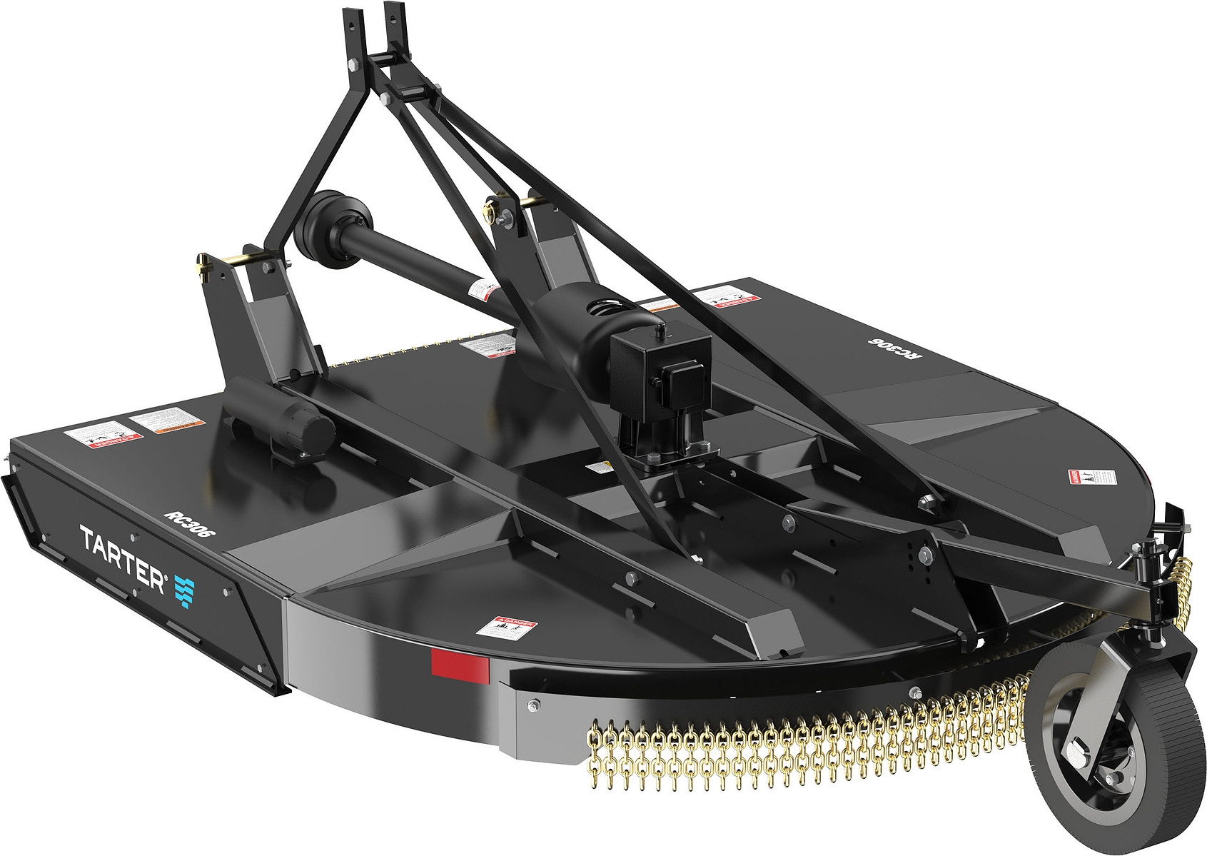 A three-quarter product rendering of a black rotary cutter with a tractor hitch and rear wheels.
