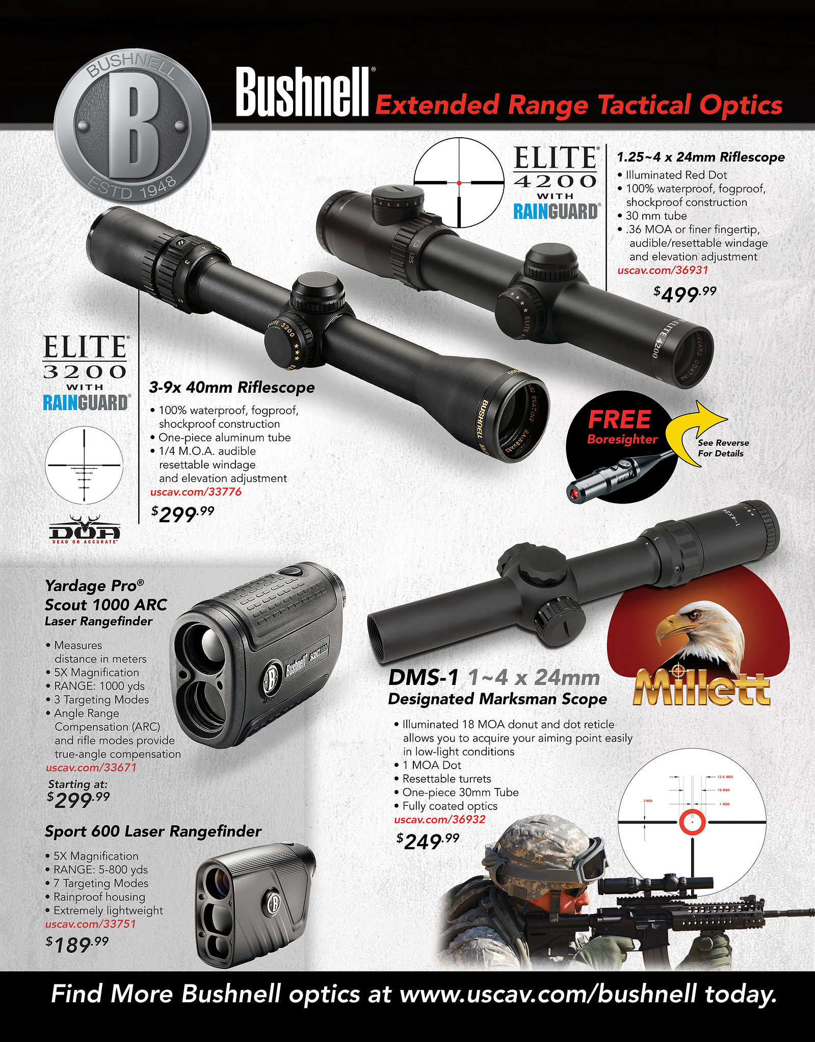 A Bushnell extended-range tactical optics advertisement shows scopes and sights with product specifications.