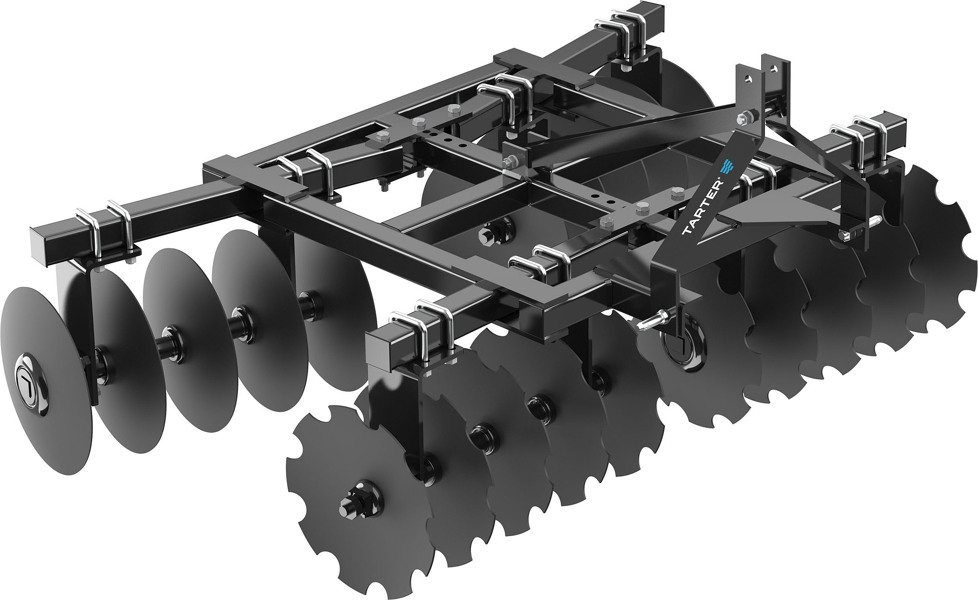 A three-dimensional rendering of a black disc harrow with two rows of scalloped discs.