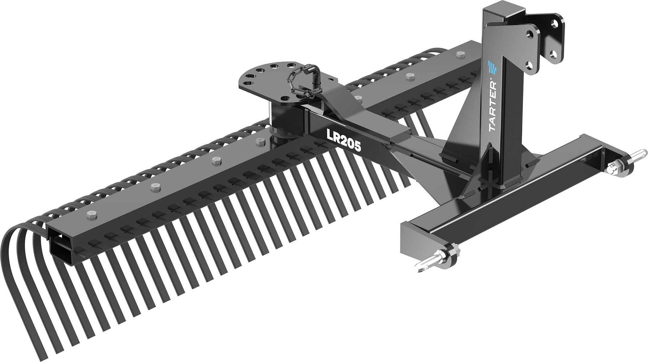 A product rendering of a black landscape rake with curved metal tines and a tractor mounting bracket.